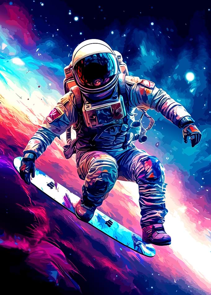 Astronaut Snowboarding Through Vibrant Nebula
