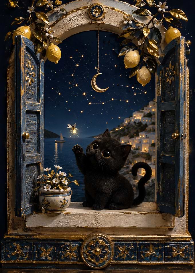Black Kitten Reaching for Firefly