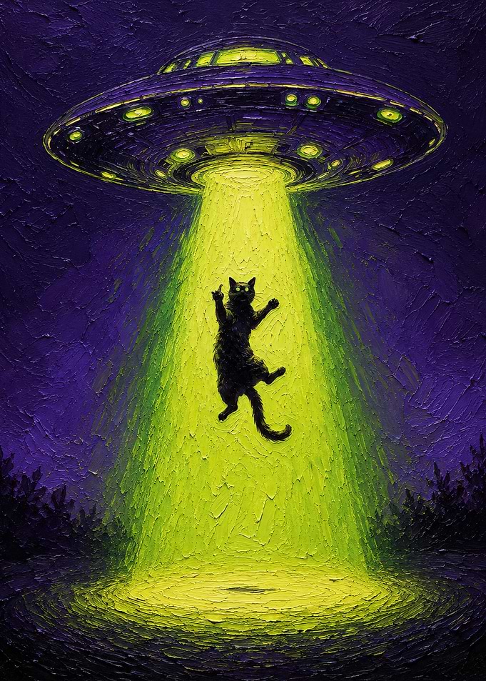 Cat Abducted by UFO Painting