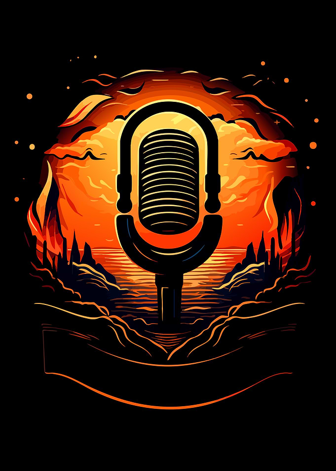 Fiery Sunset Vintage Microphone Illustration