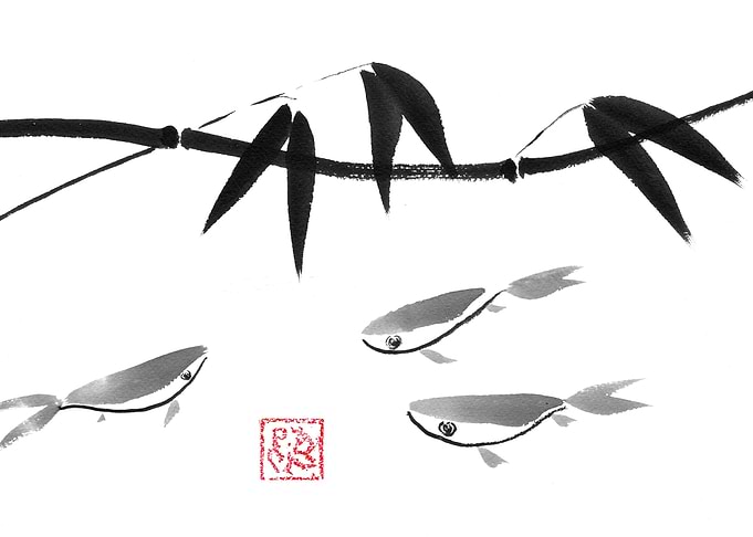 Sumi-e Ink Wash Painting of Fish