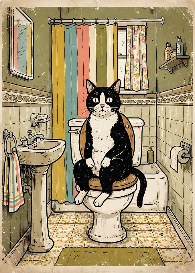 Funny Tuxedo Cat on Toilet