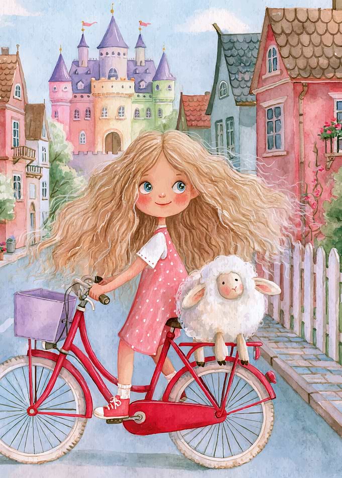 Girl Riding Bicycle with Pet Sheep