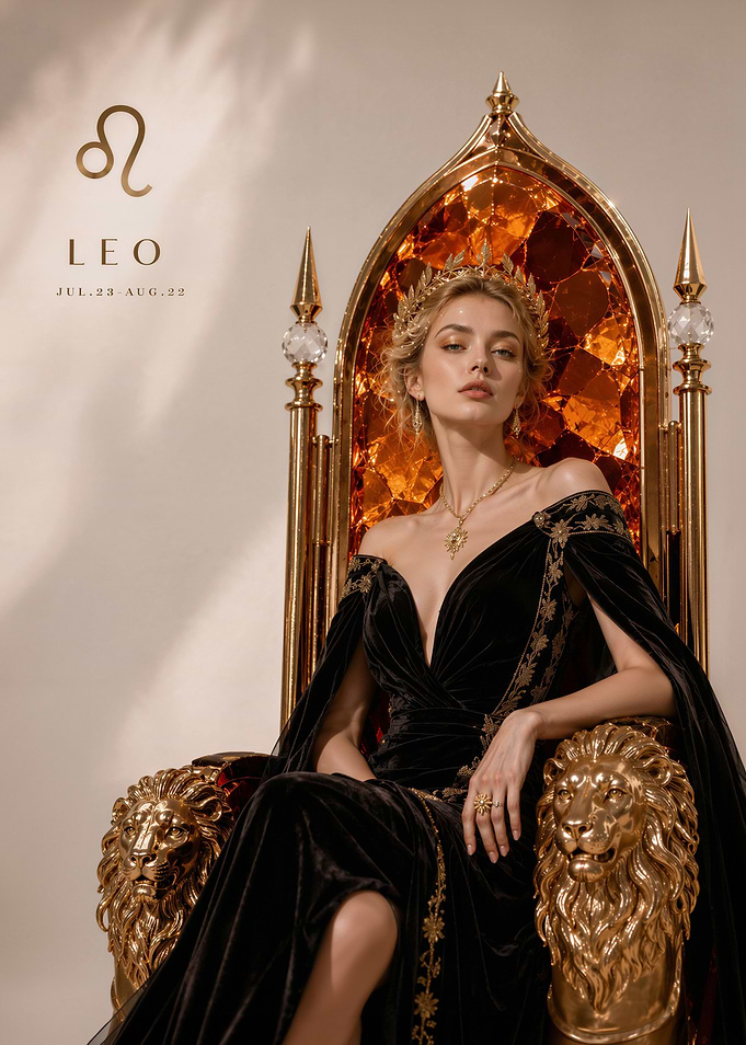 Leo Zodiac Queen on Golden Throne