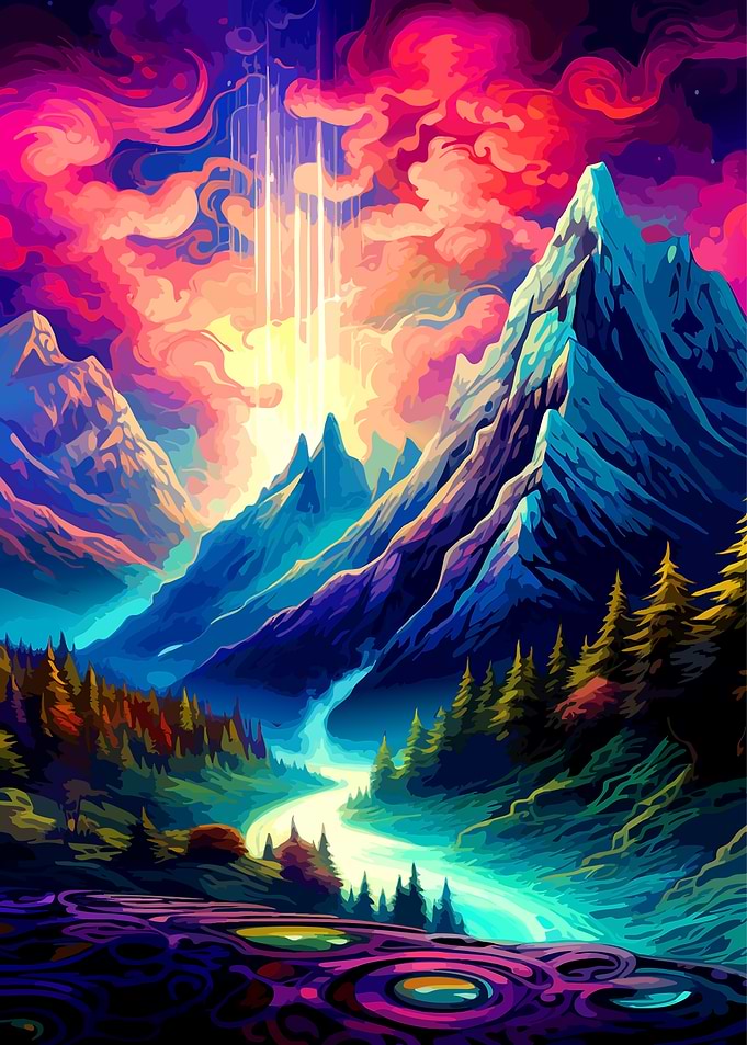 Vibrant Psychedelic Mountain Landscape