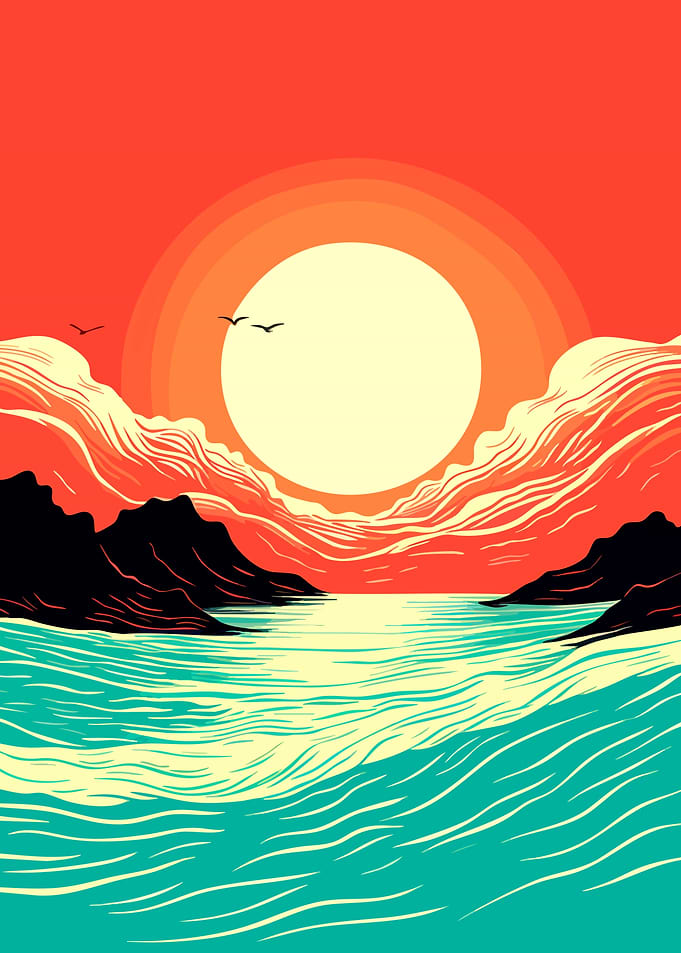 Stylized Sunset Over Ocean Landscape