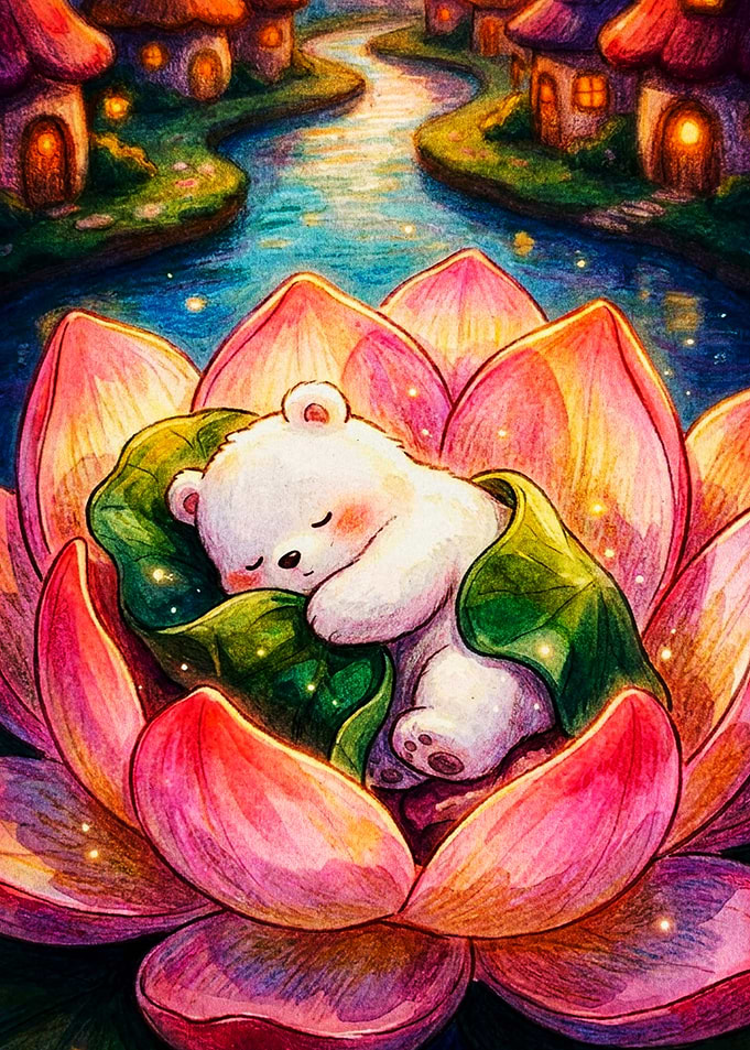 Cute Polar Bear Sleeping in Lotus