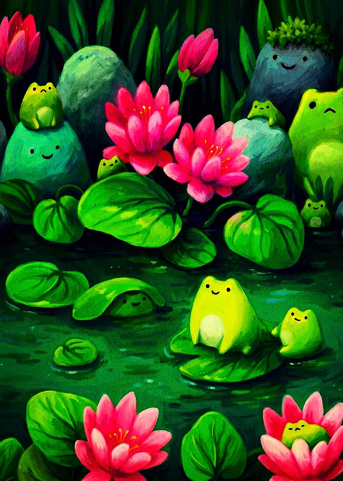 Cute Frogs in a Lotus Pond