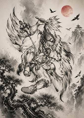 Tengu Warrior Ink Wash Painting