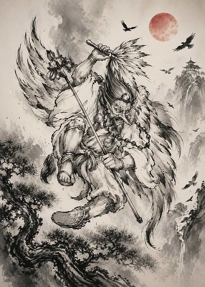 Tengu Warrior Ink Wash Painting
