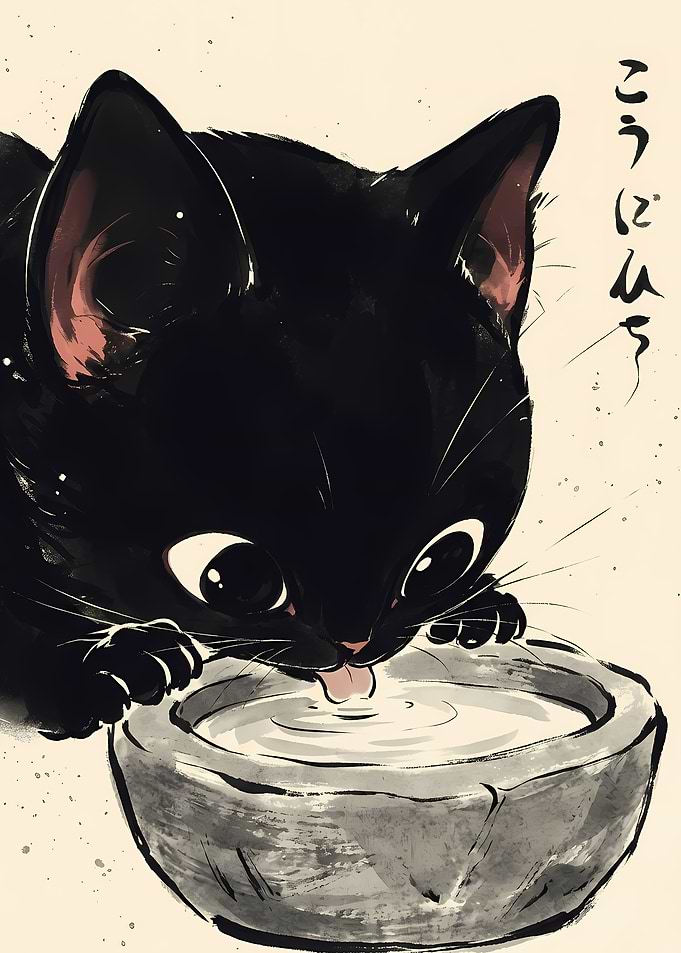 Cute Black Kitten Drinking Water