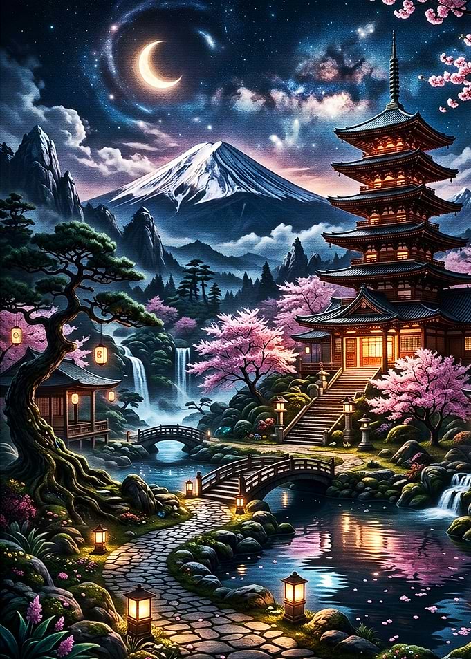 Nighttime Japanese Garden with Pagoda