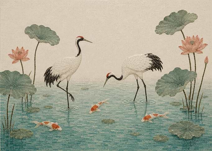 Mosaic Art of Cranes and Koi