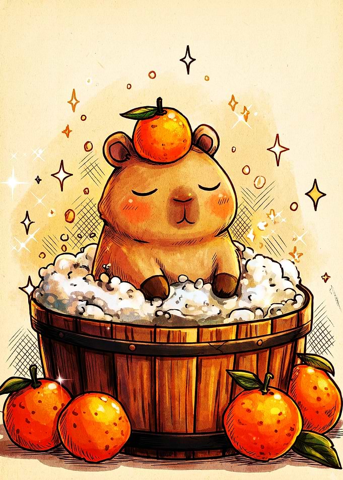 Cute Capybara Relaxing in Yuzu Bath