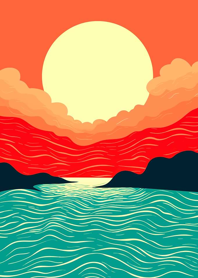 Stylized Sunset Over Ocean Landscape