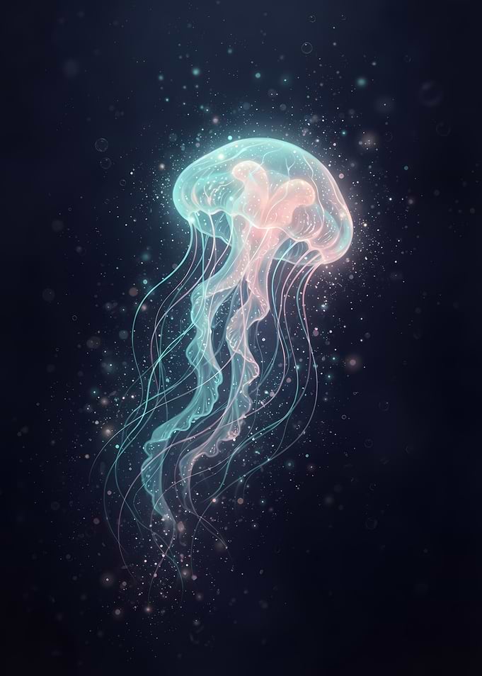 Glowing Bioluminescent Jellyfish in Deep Sea