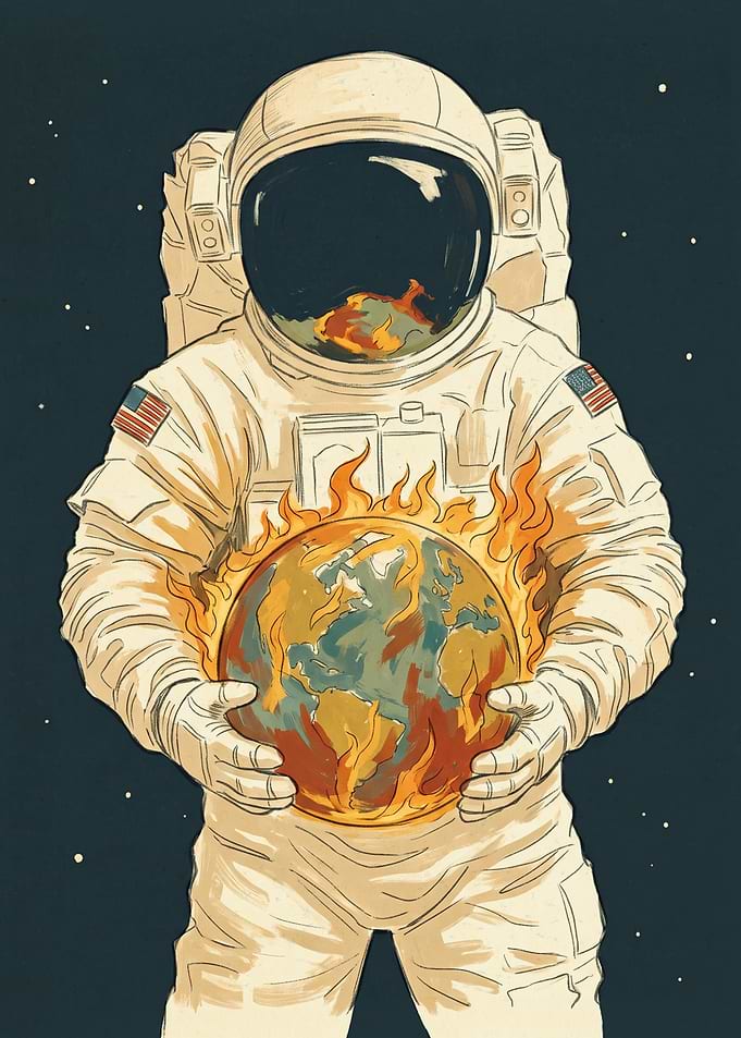 Astronaut Holding a Burning Earth