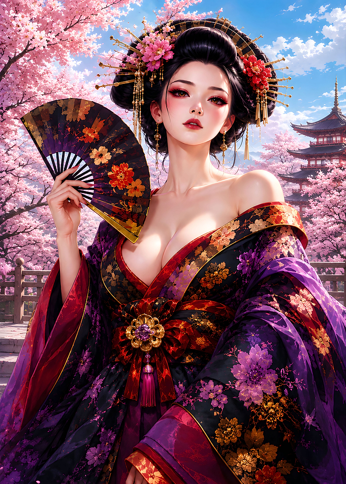 Elegant Geisha in Cherry Blossom Garden