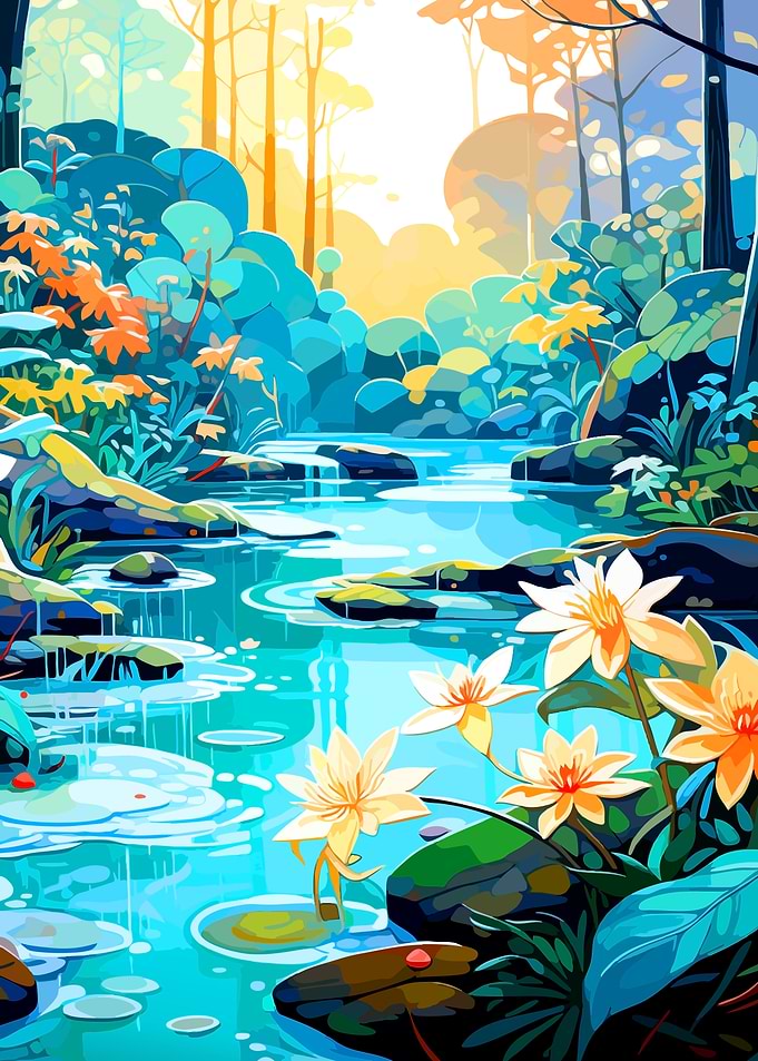 Vibrant Forest Stream with Flowers