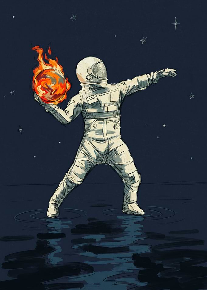 Astronaut Throwing Fireball Art