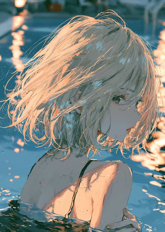 Anime Girl Swimming in Golden Light