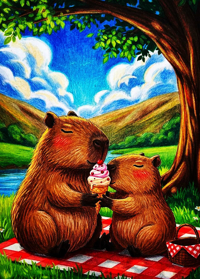 Capybaras Sharing Ice Cream Picnic