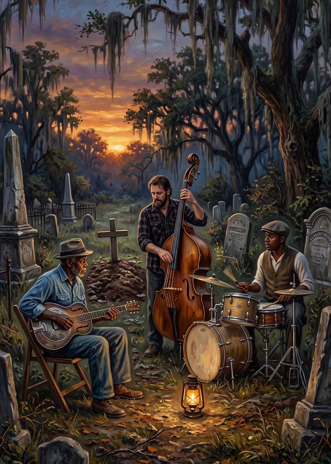 Blues Musicians Playing in a Graveyard