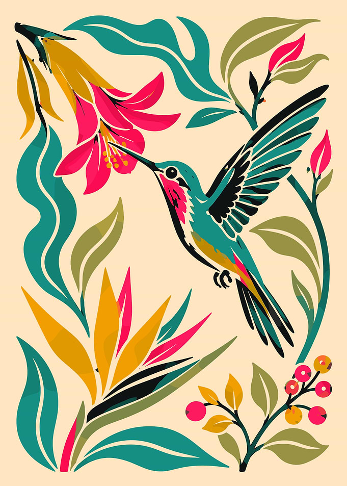 Hummingbird and Tropical Flowers Illustration