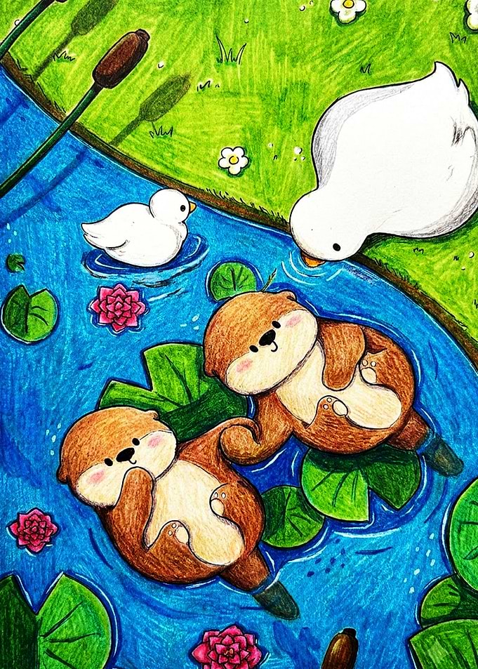 Cute Otters Holding Hands in Pond