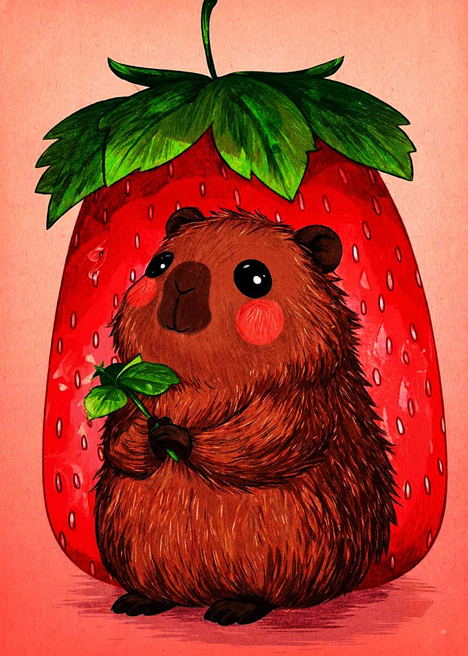 Cute Capybara Holding Leaf With Strawberry