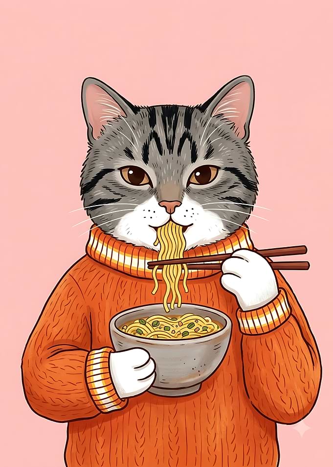 Cute Cat Eating Ramen Noodles