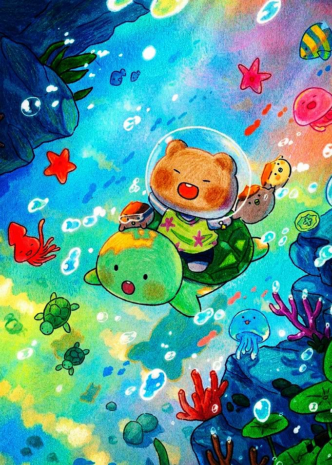 Cute Bear Riding Turtle Underwater