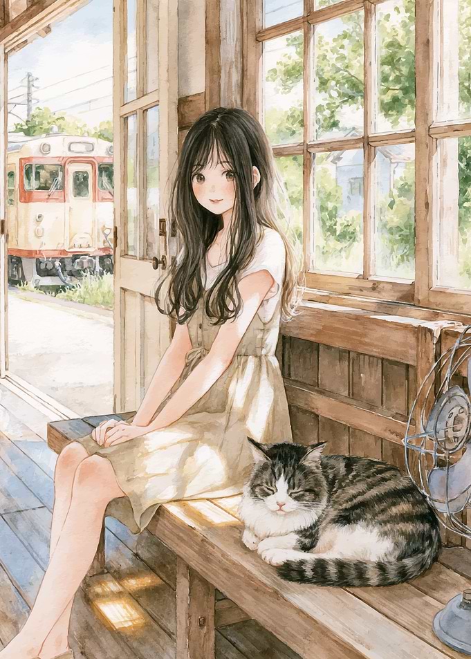 Girl and Cat at Train Station