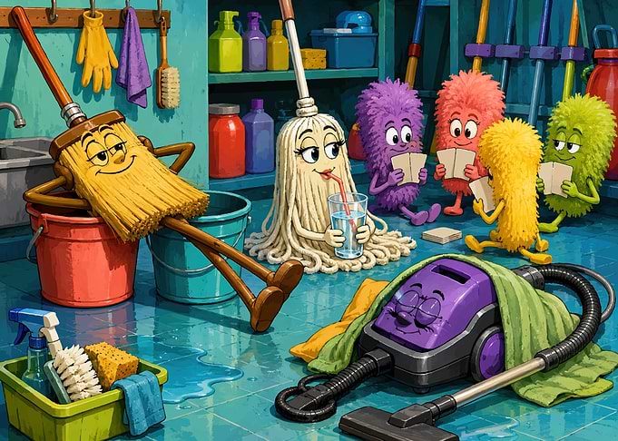 Animated Cleaning Supplies Having Fun