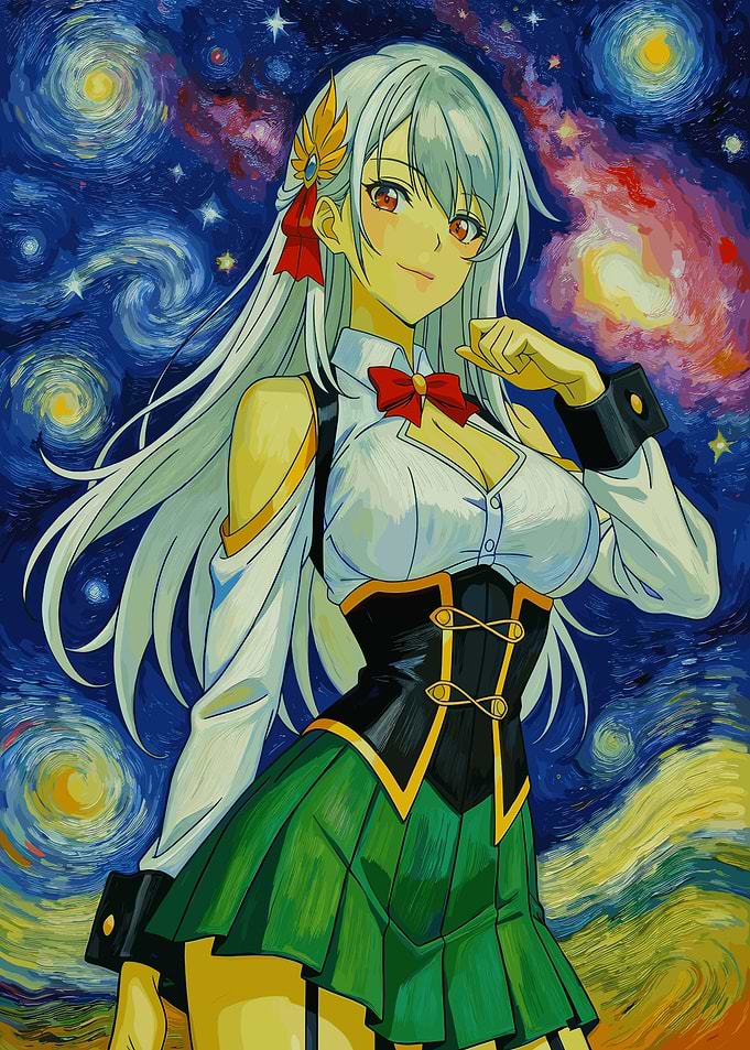 Anime Girl in Starry Night Style
