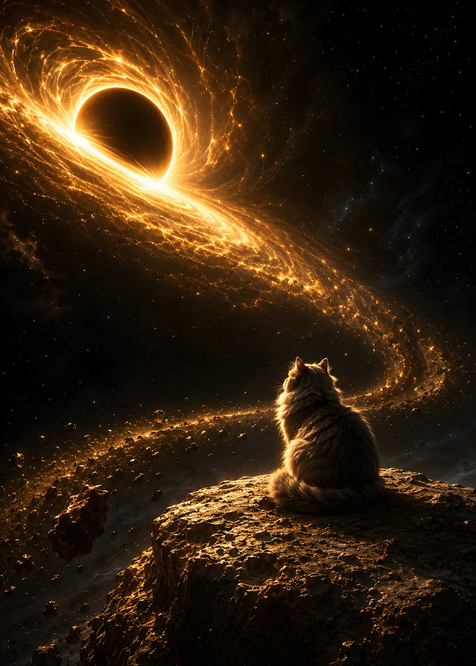 Cat Watching a Golden Black Hole