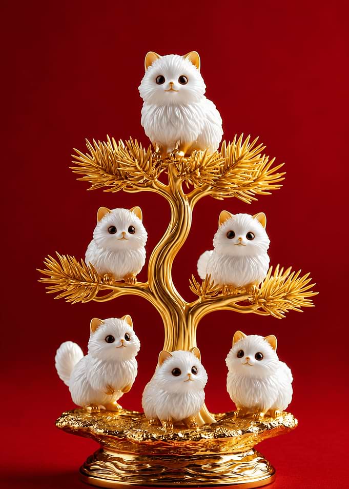 Golden Tree with Five White Kittens