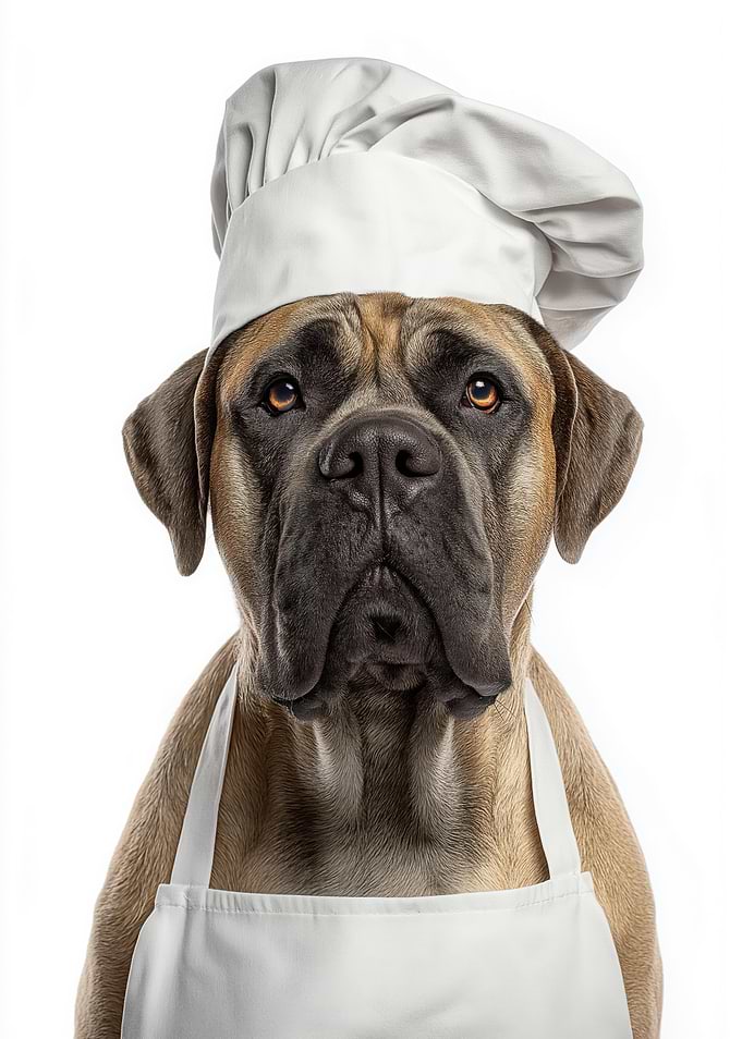 Mastiff dog Wearing Chef Hat and Apron