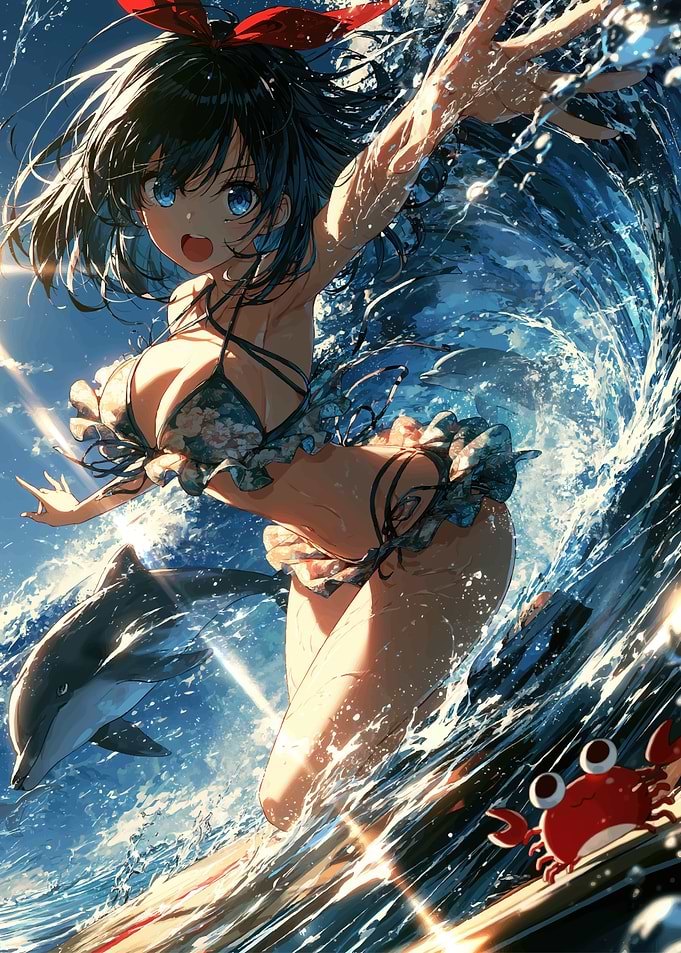 Anime Girl Surfing with Dolphins