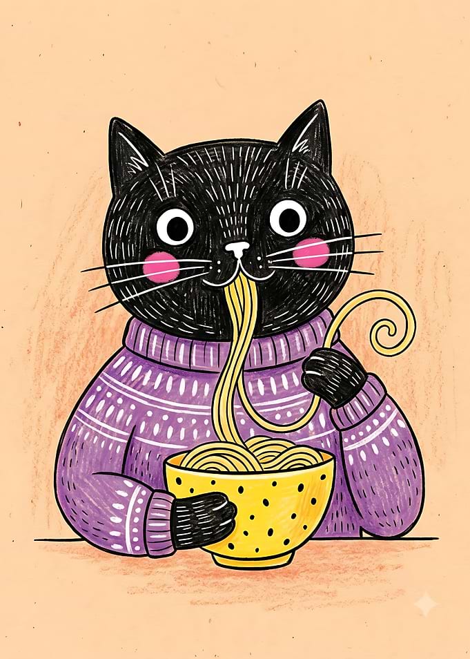 Cute Black Cat Eating Spaghetti