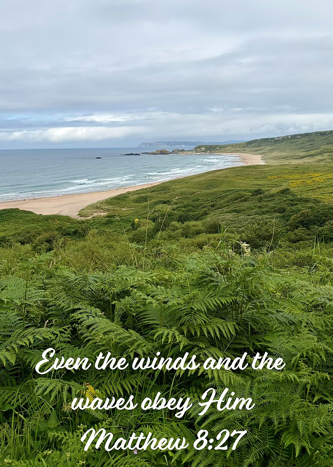 Coastal Landscape Whitepark Bay beach Northern Ireland with Bible quote