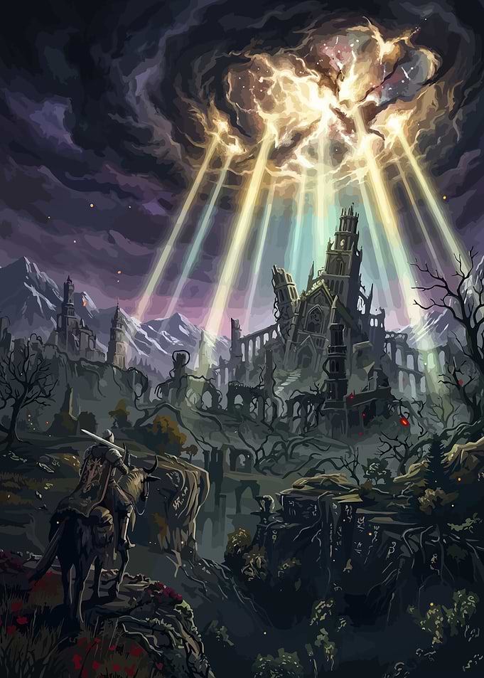 Knight Approaching Ruined Gothic Cathedral