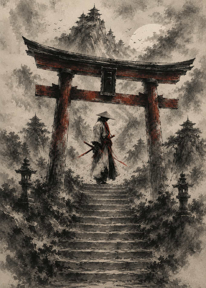 Samurai Standing Under Torii Gate