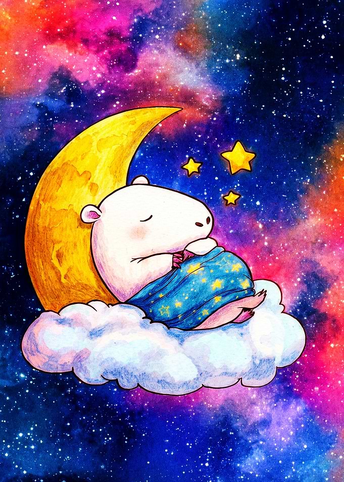 Cute Capybara Sleeping on Moon