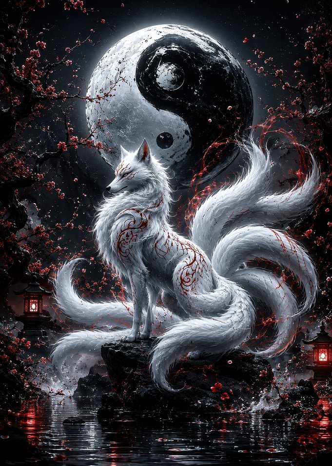 Nine-Tailed Kitsune Under Yin Yang Moon