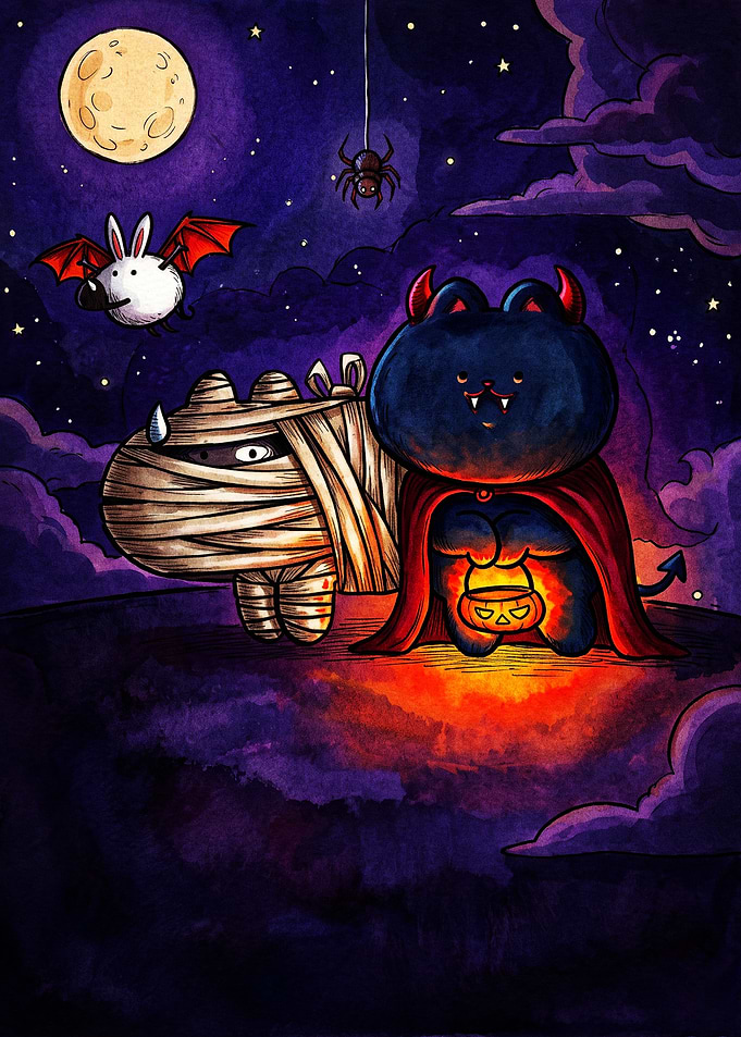 Cute Halloween Themed Battle Cats Illustration