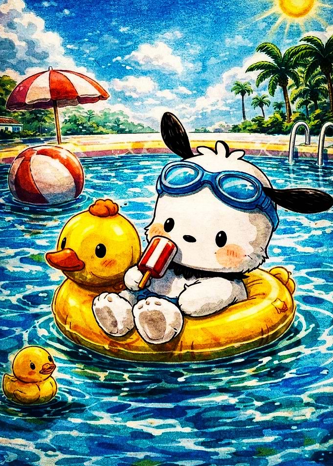 Pochacco enjoying a summer pool day