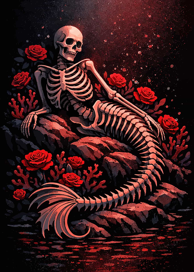 Skeleton Mermaid Among Red Roses