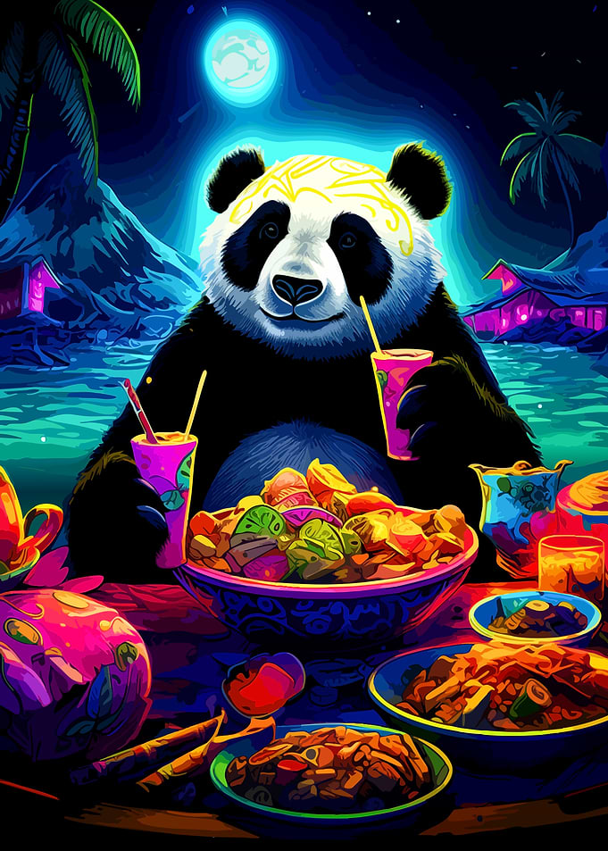 Neon Panda Feast at Night