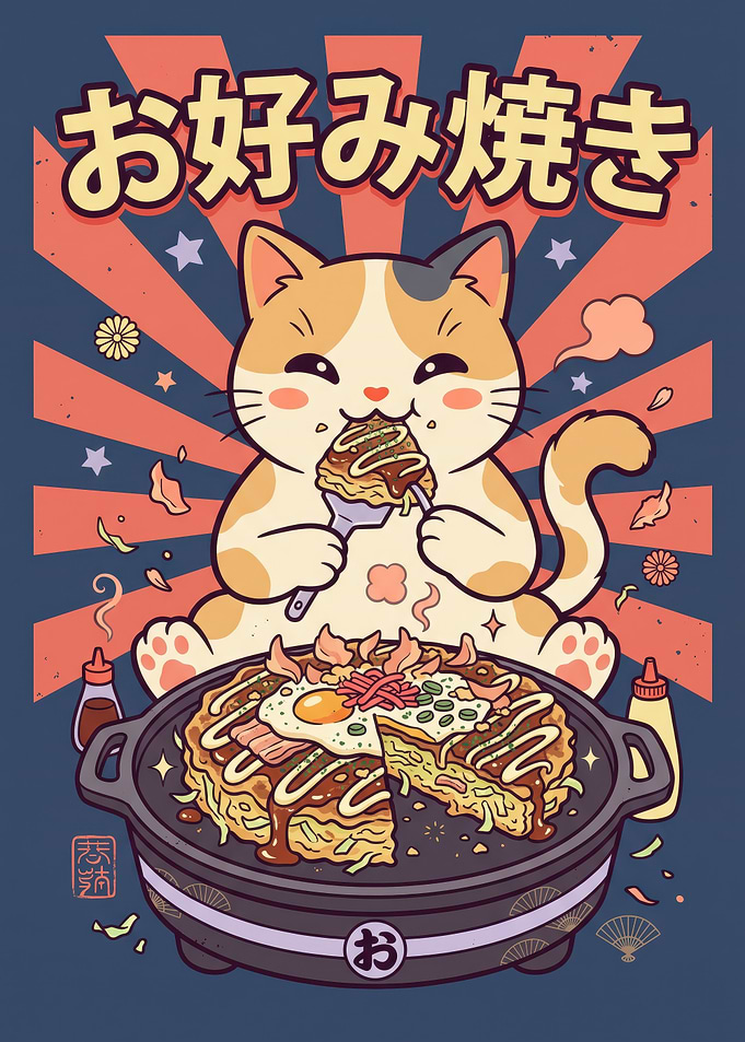Cute Cat Eating Okonomiyaki Illustration